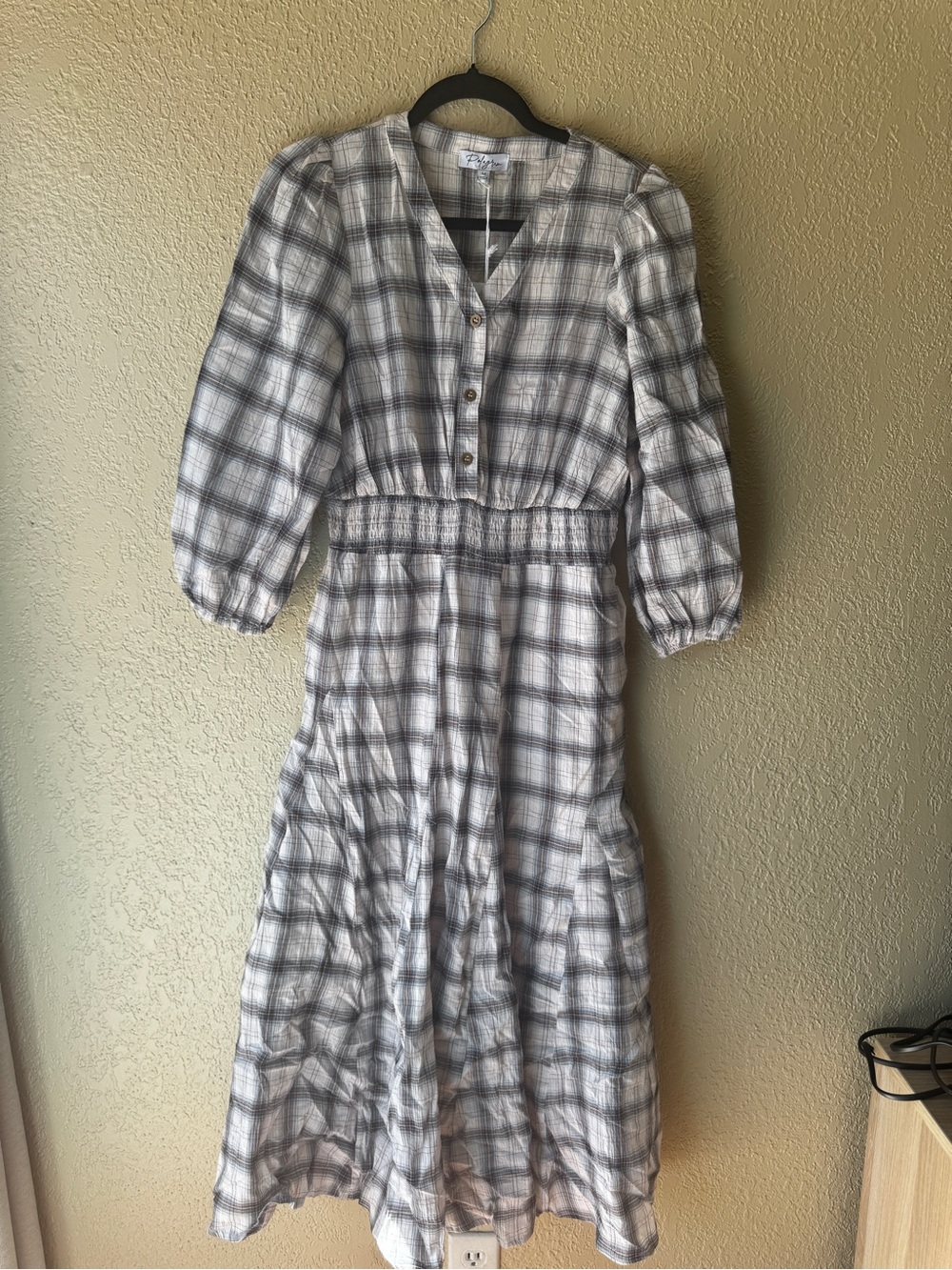 Plaid Button-Front Midi Dress in Gray and White
